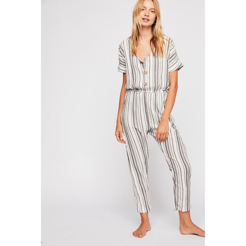 Jens Pirate Booty X Free People Ivory & Charcoal Striped Casual Boho Jumpsuit - Picture 2 of 14